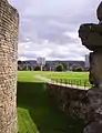 View across the moat to the outer bailey.