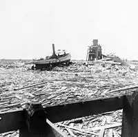 Floating debris surrounding a boat near Texas City