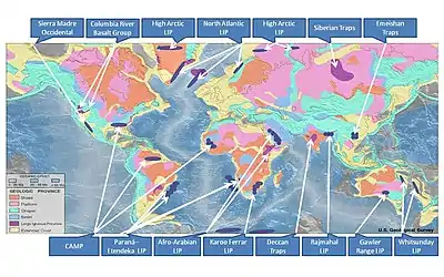 Image 2Only a few of the largest large igneous provinces appear (coloured dark purple) on this geological map, which depicts crustal geologic provinces as seen in seismic refraction data