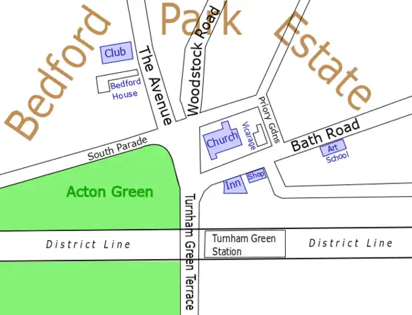 The Tabard inn and the Bedford Park Stores were among the community buildings meant to form the focal point of Jonathan Carr's Bedford Park garden suburb.