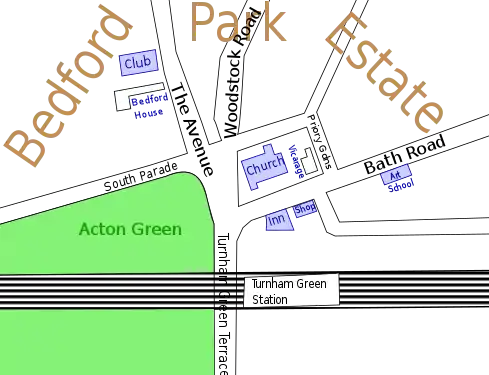 Locations of community buildings. The development was enabled by the arrival of the District Line in 1869.