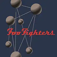 A blue background with grey shape. The words "Foo Fighters" appear in red.