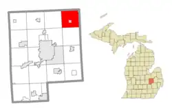 Location within Genesee County (red) and the administered villages of Otisville and portion of Otter Lake (pink)