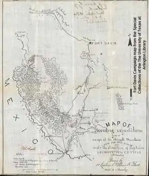 Fort Davis campaign mapA hand-drawn military map from the 1880 campaign against Victorio and his Chiricahua Apaches. Image from the Special Collections of The University of Texas at Arlington Library.