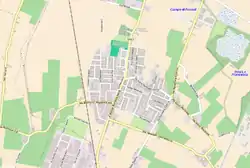 OSM map of Fossoli also indicating the concentration camp and the nature reserve's entrance (both in the upper right corner)