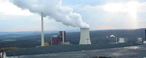 The Gottelborn Solar Park in front of coal-fired power plant "Weiher III"