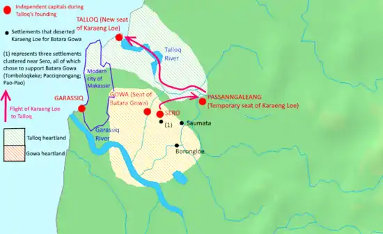 A close-up map of Gowa and Talloq, showing the heartlands of the two kingdoms and an exile route of the founder of Talloq