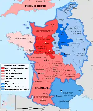 In blue, the allied powers to the County of Blois when King Stephen of England died in 1154. It represents half of the Kingdom of France.