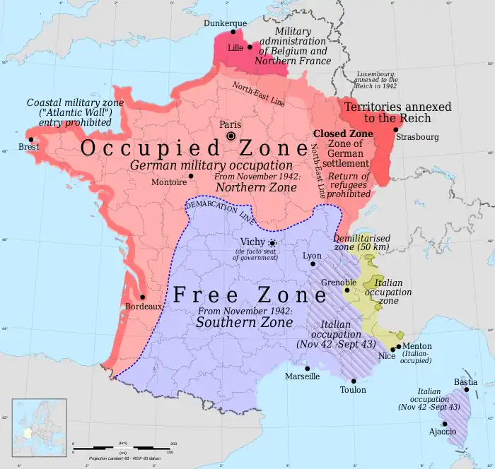 Division of France showing German occupation zone in the north, Vichy in the south. The yellow zone was under Italian administration