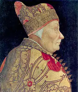 profile bust portrait of elderly, clean-shaven man, dressed in golden clothes and wearing the ducal corno of Venice