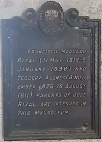 Historical marker marking the original tomb of Francisco Mercado and Teodora Alonso at the Manila North Cemetery