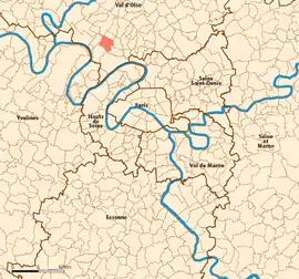 Location (in red) within Paris inner and outer suburbs