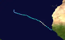 A map of the east Atlantic displays the track and intensity of the hurricane. Fred originated along the West Africa coast, then moved mostly northwest to west-northwest through the Cape Verde Islands, and finally headed out to the open Atlantic.