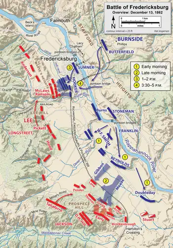 Map with lines and arrows showing troops movements around the town and river