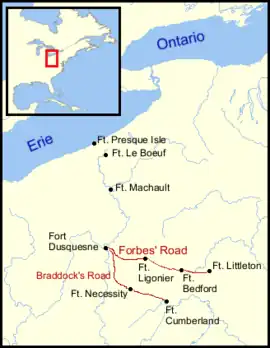 Location of Fort Lyttleton (spelled Littleton here) at the easternmost end of the Forbes Road.