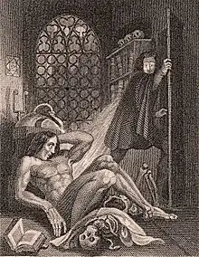 Engraving showing a naked man awaking on the floor and another man fleeing in horror. A skull and a book are next to the naked man and a window, with the moon shining through it, is in the background.