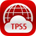 A logo consisting of a red background bearing a white wireframe globe, the bottom half of which is covered by a white cloud. The cloud bears the letters "TPS5" in red.