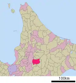 Location of Furano in Kamikawa Subprefecture, Hokkaido