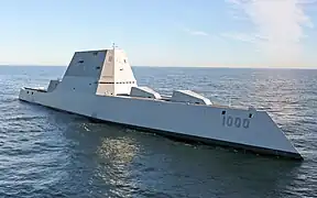 USS Zumwalt (DDG-1000), a guided missile destroyer and the lead ship of her class, which included USS Lyndon B. Johnson (DDG-1002), currently under construction