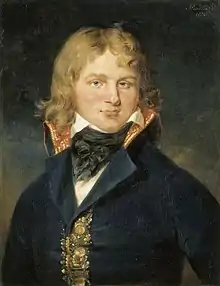 Painting of a man with long blonde hair wearing a black civilian coat.