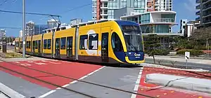 A Bombardier Flexity 2 leaving Broadwater Parklands in September 2014