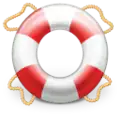 Icon for the GNOME program Yelp, showing a white floatation ring with four red stripes with rope on each of the red stripes