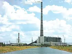 The world's tallest chimney, the GRES-2 power plant in Ekibastuz, Kazakhstan, stands 419.7 m (1,377 ft) tall.