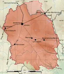 Map reproducing the contours of an ancient territory on a modern background.