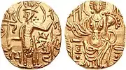 "Gadakhara" coin with the name of the Gupta Empire ruler Samudragupta ( Samudra) under the arm of the king. Circa 350-375 CE.