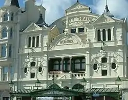 Gaiety Theatre facade, situated roughly in the centre on the promenade as it sweeps around the bay of Douglas town