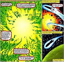 Comic-book page, with green and orange explosions