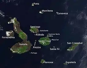 Image 32Satellite photo of the Galápagos islands overlaid with the names of the islands (from Galápagos Islands)