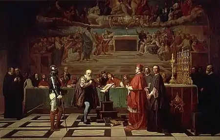 photo of 19th century painting by Joseph-Nicolas Robert-Fleury showing Galileo before the court