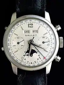 Gallet MultiChron Astronomic Chronograph (1959)—highly complex chronograph with 12-hour recording capabilities, accurate automatic day, date, month, and moon phase features