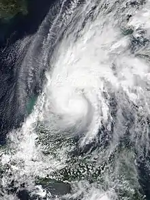 A satellite image of Hurricane Gamma at landfall on the Yucatán Peninsula on October 3, 2020.