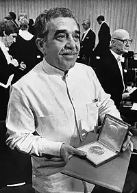 Garcia Marquez wearing a liqui liqui, the national costume for men in Venezuela