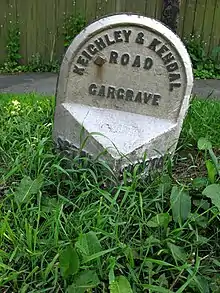 Milepost on the Keighley and Kendal Turnpike at Gargrave: Settle 10 3/4, Kendal 40, Skipton 4 ¾ and Keighley 14 miles.