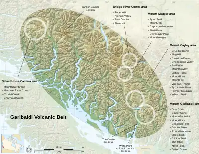 The location and extent of the Garibaldi Volcanic Belt, showing its isolated volcanoes and related volcanic features.