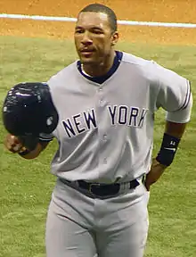 Gary Sheffield holding his baseball helmet at a game in 2005