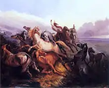 Painting depicting 2 mounted horsemen wearing tall hats riding toward a group of panicking wild horses