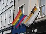 The bear flag flown next to the rainbow flag as an expression of bear and gay pride