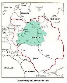 Image 31The Grand Duchy of Lithuania in the 15th century. The territory of modern-day Belarus was fully within its borders. (from History of Belarus)