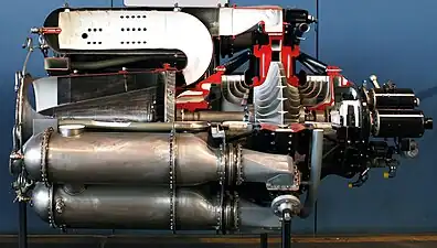 General Electric J31 with ten reverse-flow combustors. Compressed air flows between the 18-8 stainless steel outer casing and inner Inconel flame tube, then through a series of holes to the inside of the tube where it mixes with fuel. Burning continues along the length and is complete before reversing direction to the turbine.