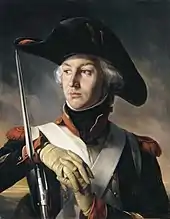 Painting of man in 1792–1806 French private's uniform with hand resting on bayonetted musket