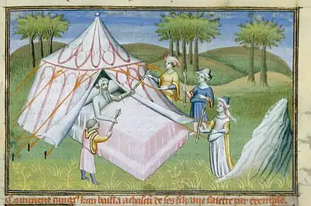 Drawing of an old man lying in a bed at the entrance to white tent, gesturing with arrows to four standing men. They are surrounded by grassland and rolling hills, with clumps of trees in the distance.