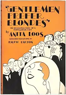 The orange book cover of the 1926 edition featuring a blonde flapper admired by many unattractive men.