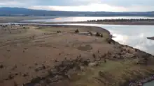 Drone image of Gerber reservoir boat ramp taken from roughly the location of the dam, looking NE.