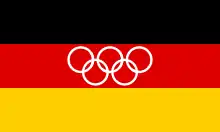 The flag of the United Team of Germany, a charged horizontal triband.