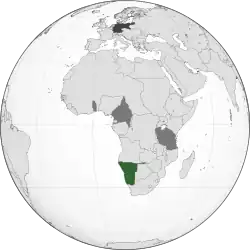 Green: German South West AfricaDark gray: Other German colonial possessionsDarkest gray: German Empire (1911 borders)