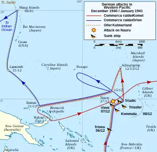 Map of the South Pacific showing the routes taken by the German vessels and locations where Allied ships were sunk as described in the article